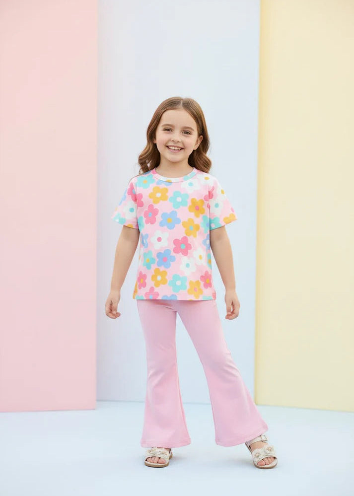 Baby Pink Multi Flower Printed Half Sleeves Kids Suit