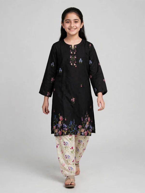 Girls Black Floral Printed Co Ord Set