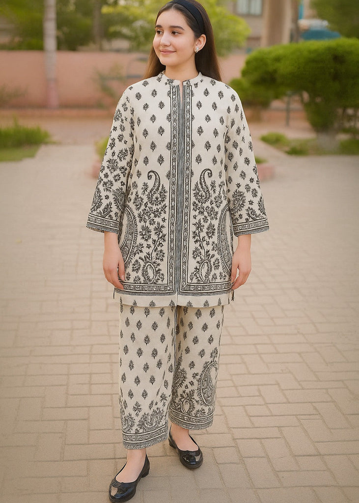 Vintage Charm – Off-White & Black Block Printed Co-Ord