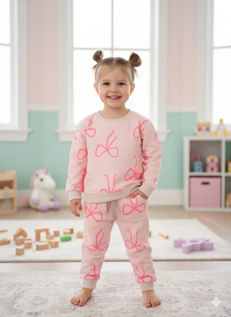Fleece Graphical pink With Bow design  Track Suit