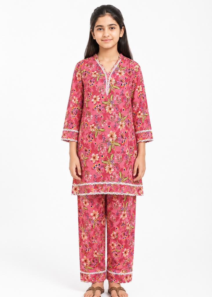 PINK  FLOWER  2 PCS LAWN SUIT  ( Kids Edition)