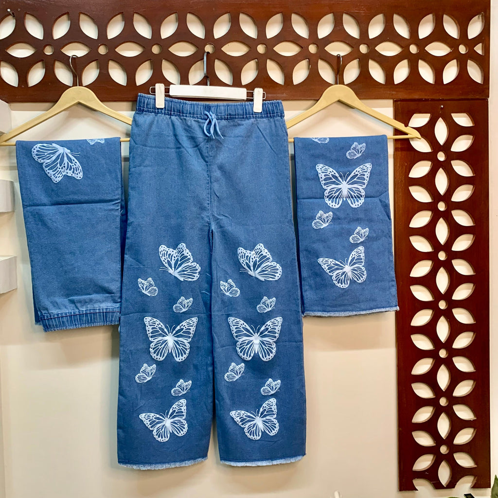 L-LIGHT BLUE Butterfly Print Denim Jeans