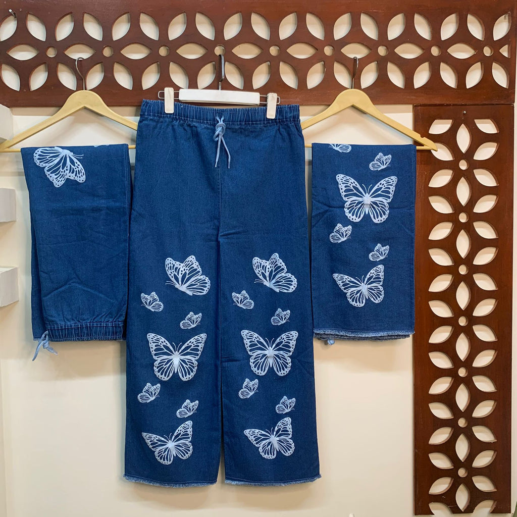 L-DENIM BLUE Butterfly Print Denim Jeans