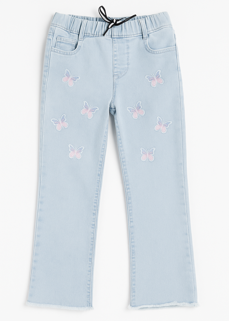 Girls Light Blue Denim Pants with Butterfly Embroidery