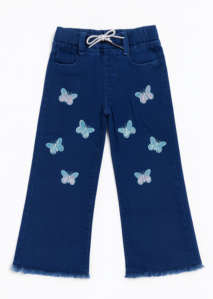 Girls Navy Blue Denim Pants with Butterfly Embroidery