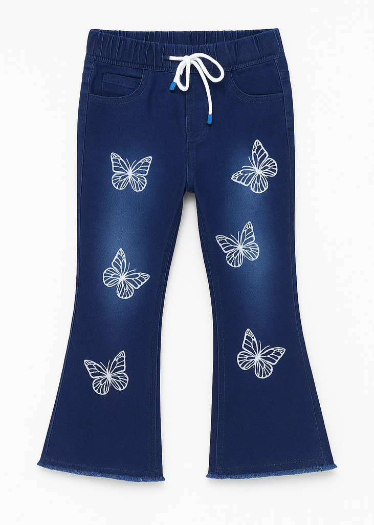 "Girls Navy Blue Denim Pant with White Butterfly Embroidery
