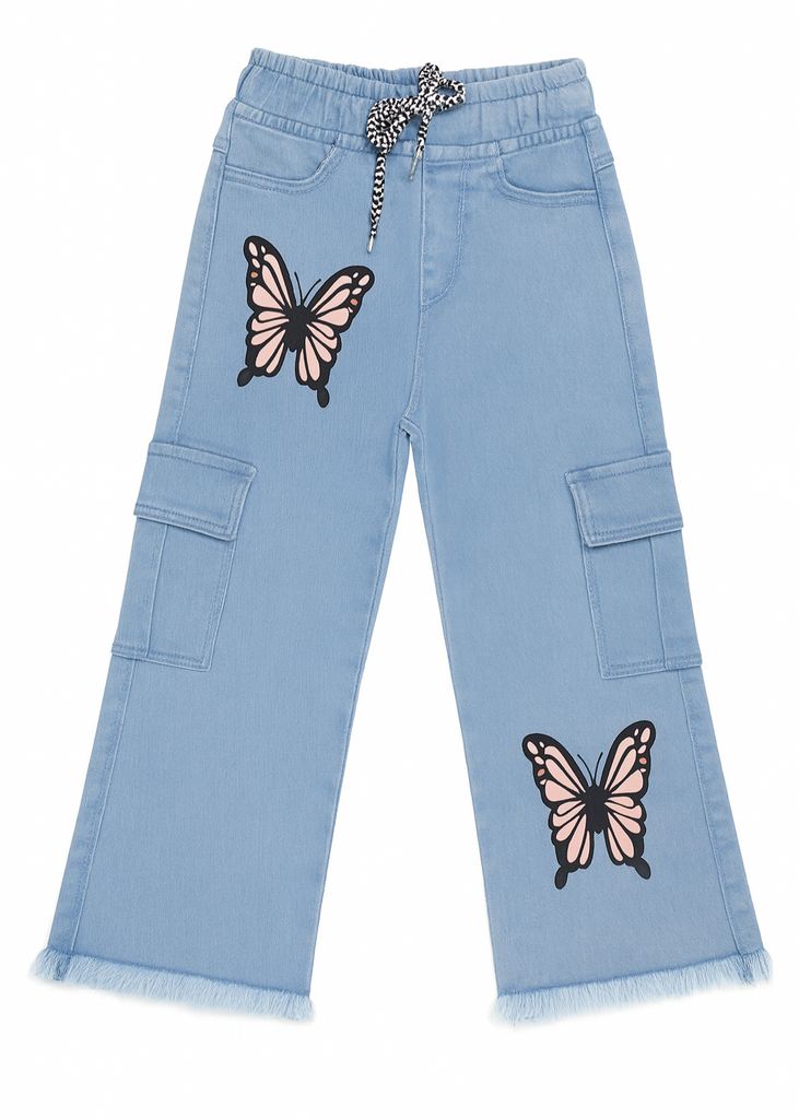 Girls Denim Embroidered Flower Pants