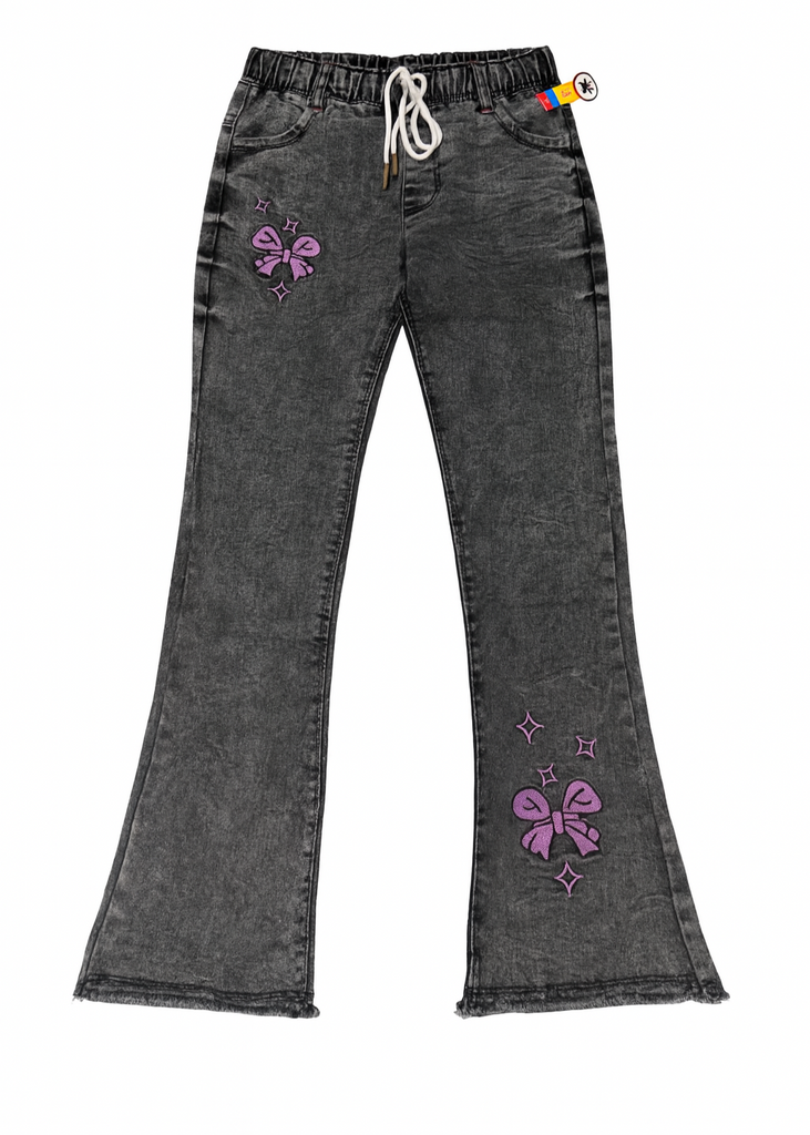 Girls Black Washed Flared Denim Pants – Back Pocket Embroidery