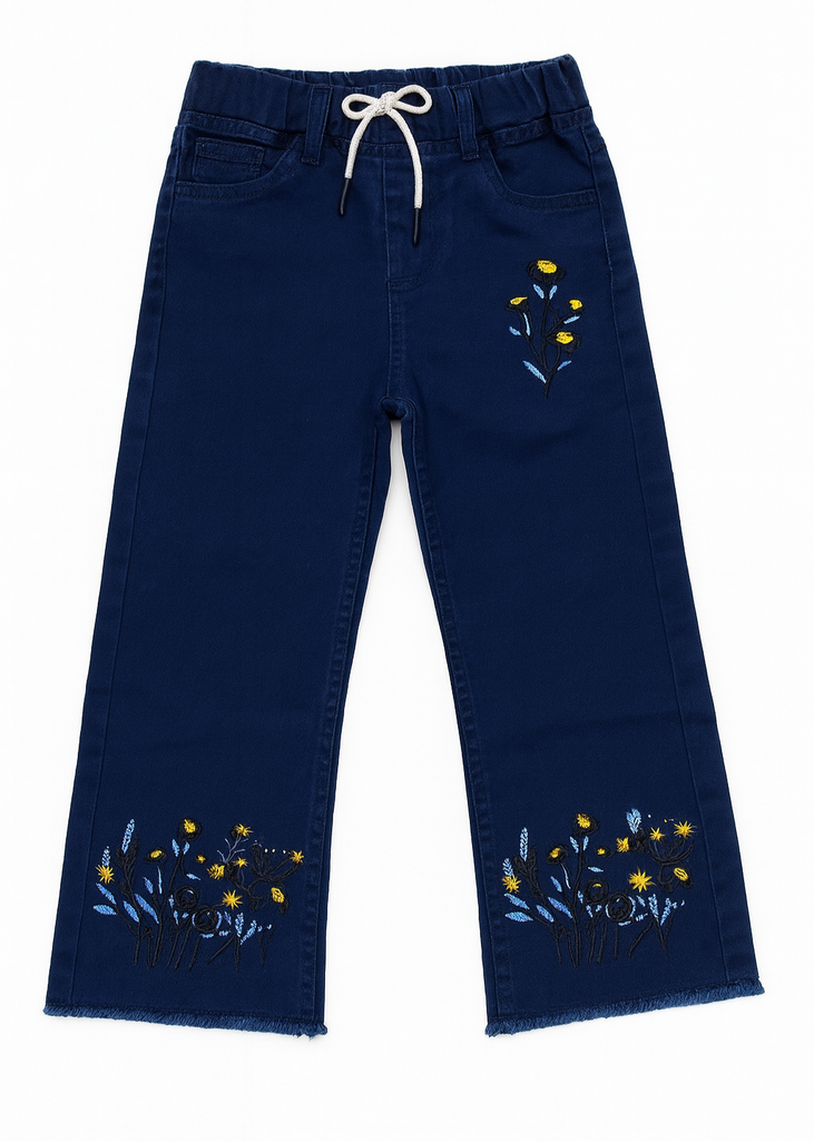 Girls Dark Blue Denim Pants with Yellow Floral Embroidery