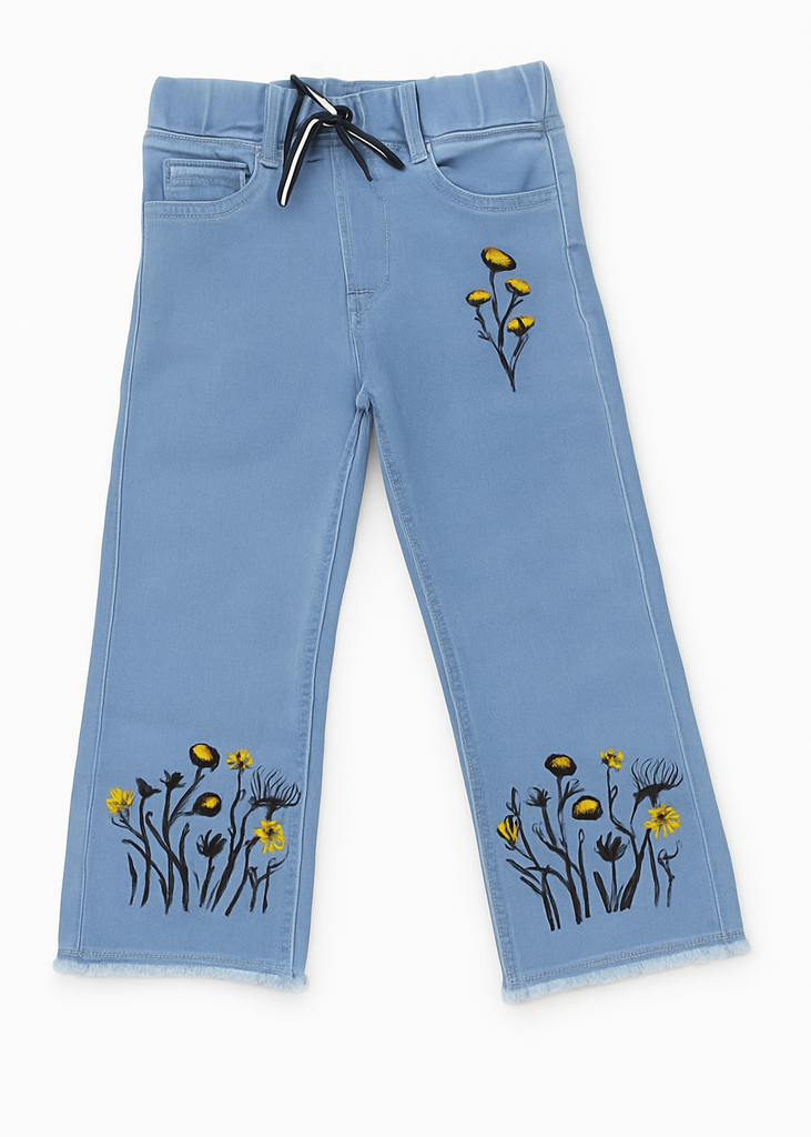 Girls Light Blue Denim Pants with Yellow Floral Embroidery