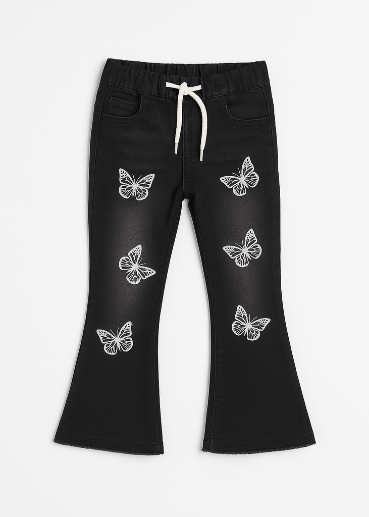 "Girls Black Denim Pant with White Butterfly Embroidery" 🦋👖