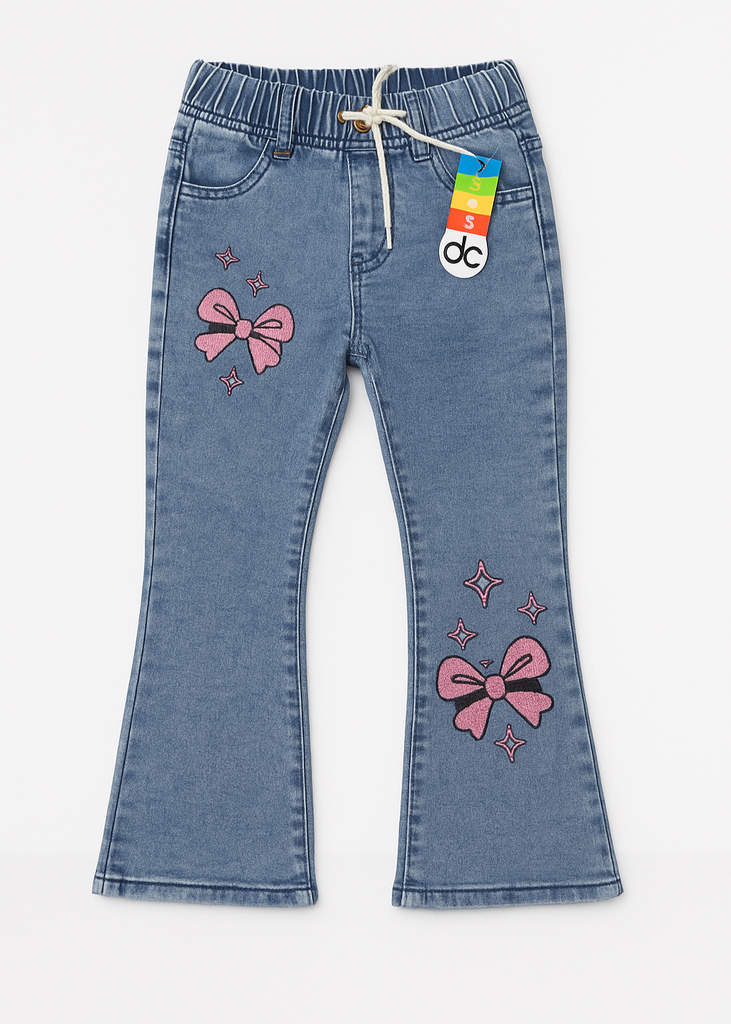 "Girls Light Blue Denim Pant with Pink Bow Embroidery