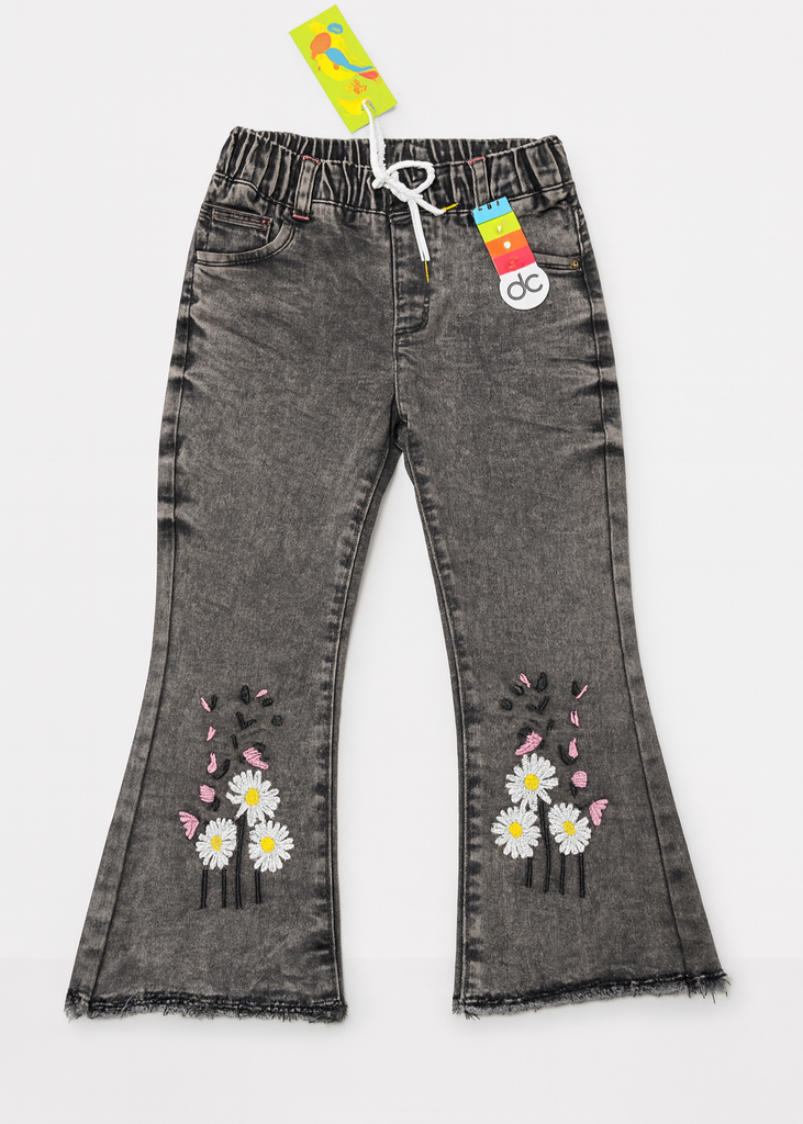 "Girls Black Washed Denim Pant with Daisy Floral Embroidery