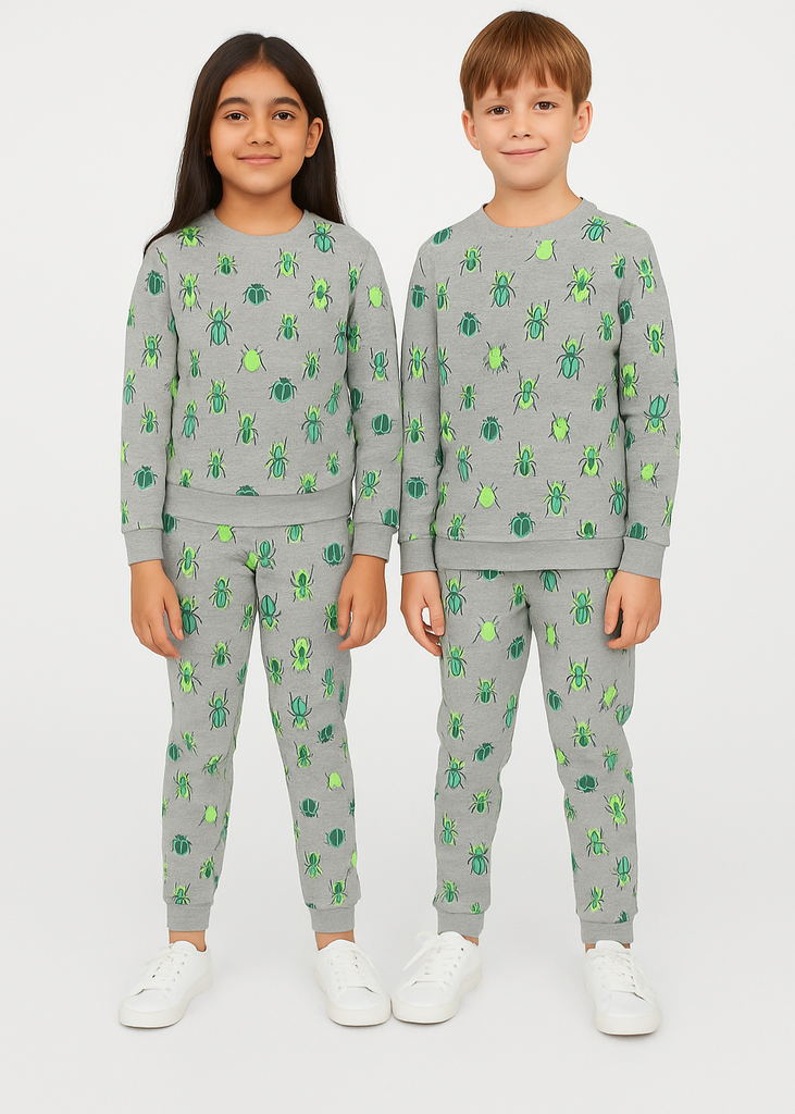 Boys & Girls Grey Green Bug Print Pure Cotton Fleece Winter Tracksui