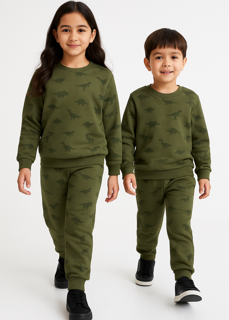 “Boys & Girls Olive Green Dinosaur Print Pure Cotton Fleece Winter Tracksuit