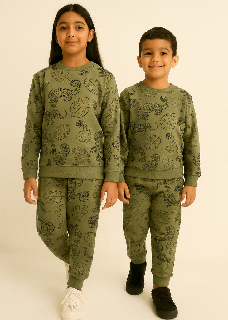 Boys & Girls Olive Green Jungle Print Pure Cotton Fleece  winter Tracksuit