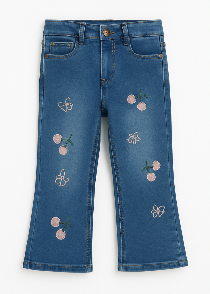 Dark Blue Girls Jeans with Pink Cherry & Bow Embroidery LT Blue