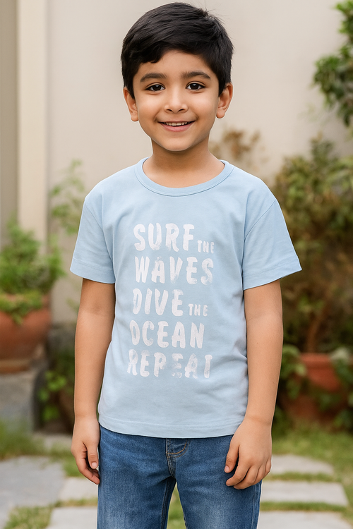 "Boys Surf & Ocean Adventure Tee – Light Blue"" (Imported Material)