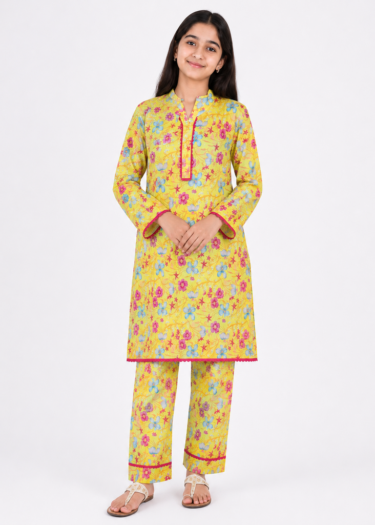 YELLOW FLOWER PRINT  LAWN  2 PC SUIT  ( Kids Edition)