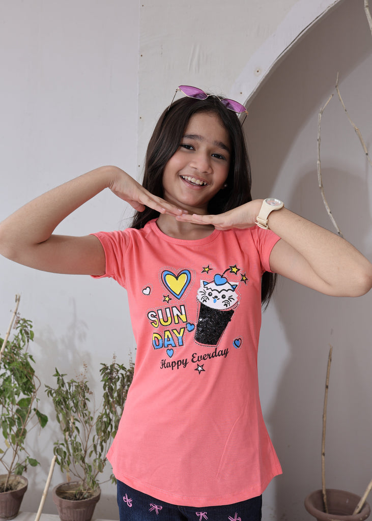 Sunday Fun Cat Tee – Peach Pink