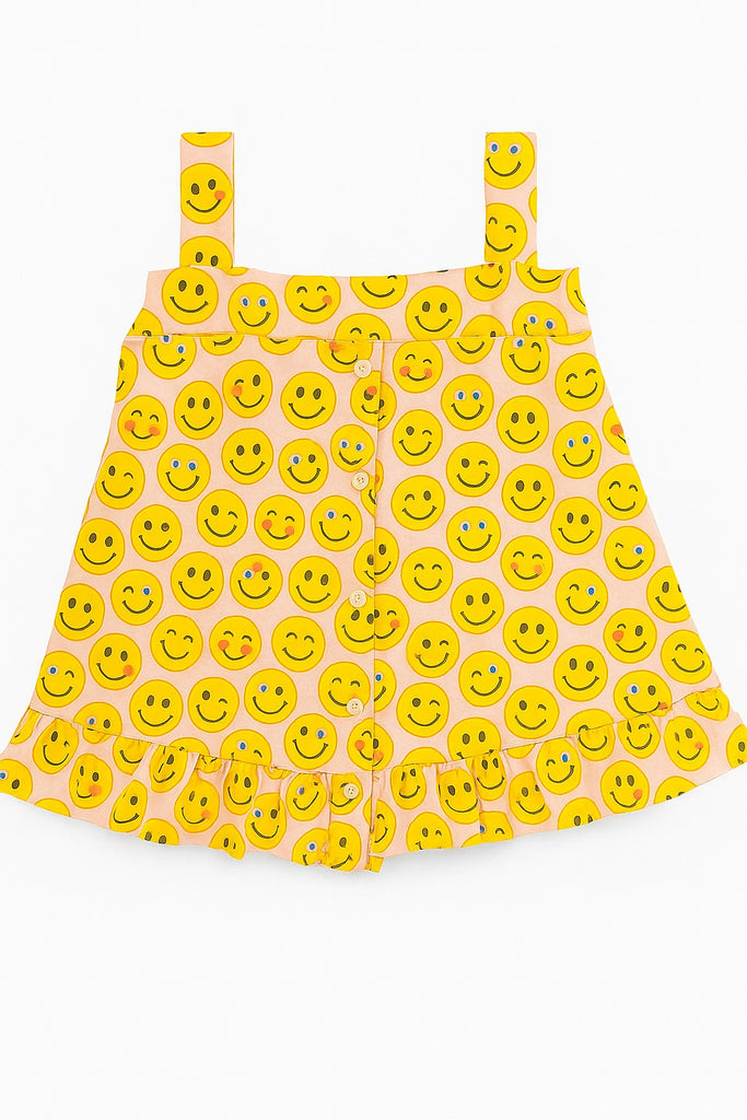 "Happy Vibes Smiley Print Frock with Frill  (Imported Material)