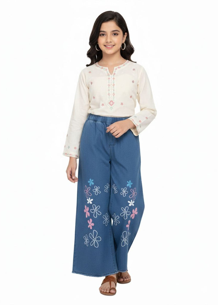 L-DARK BLUE DENIM JEANS  MULTI COLOUR BUTTERFLY  EMBROIDERY