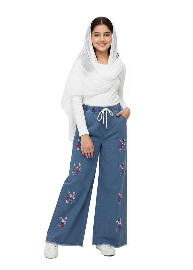 L-LIGHT BLUE DENIM JEANS  BUTTERFLY FLOWER SIDE EMBROIDERY