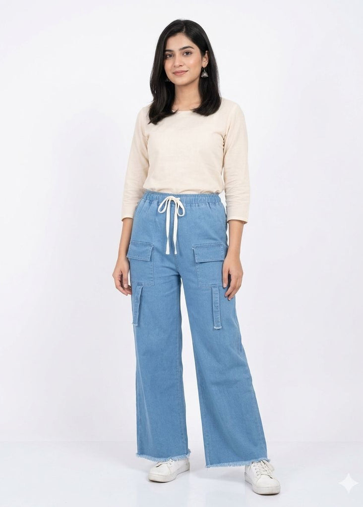SKY BLUE 4-Pocket Denim Cargo Pants with Strap Detailing ( Teen age Girls and Ladies)