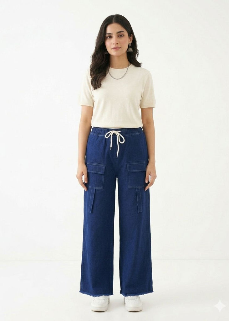 DENIM BLUE 4-Pocket Denim Cargo Pants with Strap Detailing ( Teen age Girls and Ladies)