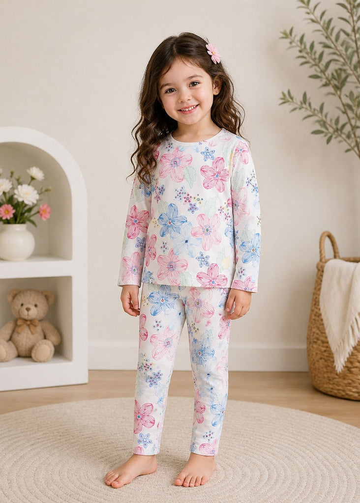 Off white Big Flowers Printed Full Sleeves Kids Suit