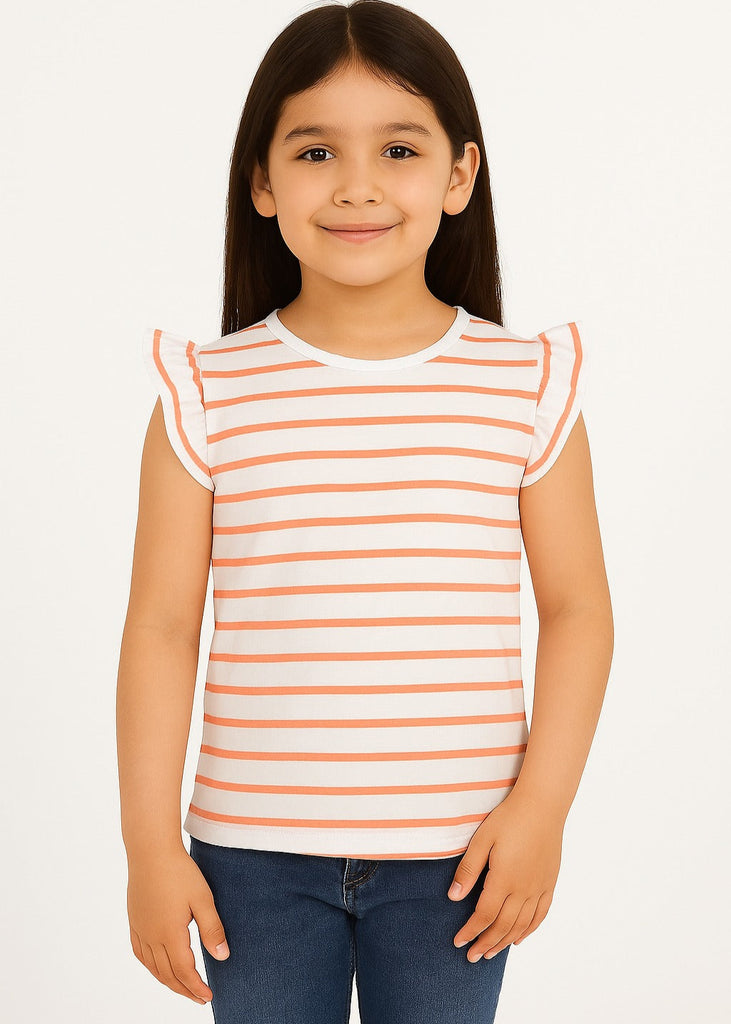 Peach Stripe Ruffle Sleeve Top for Girls  (Imported Material)