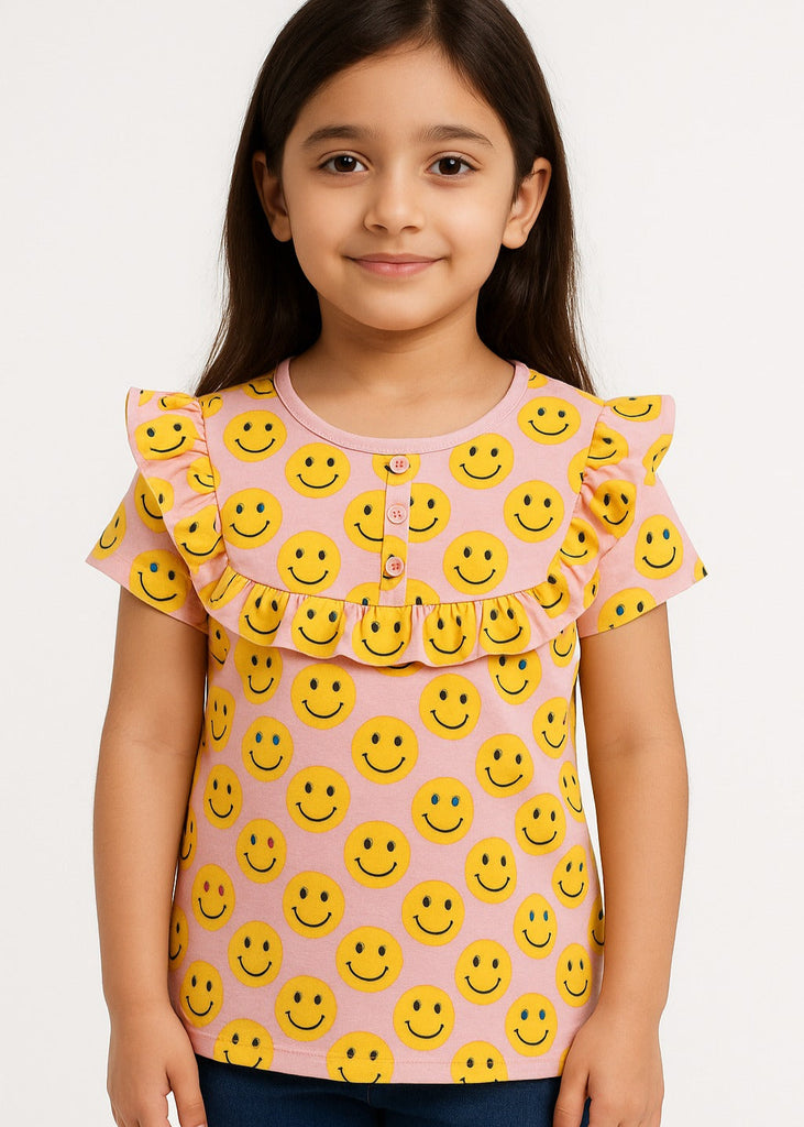 Smiley Pop Frill Top for Girls (Imported Material)