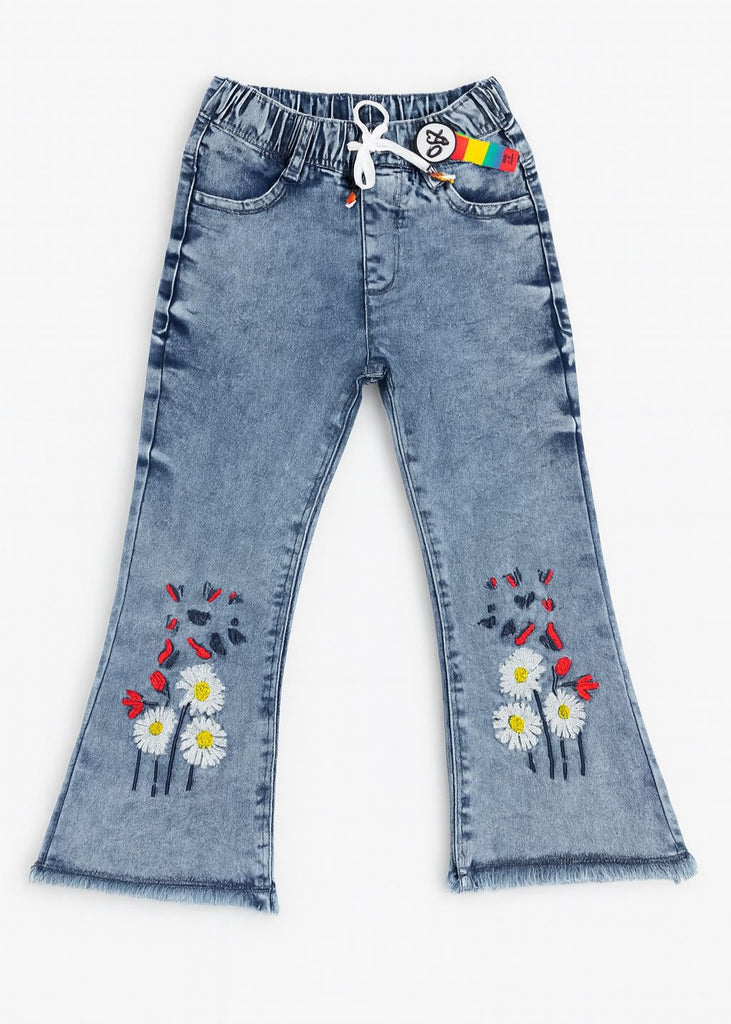 Girls Denim Pant with Daisy Floral Embroidery