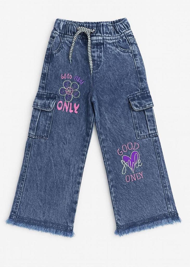 "Girls Dark Blue Cargo Denim with Good Vibes Embroidery