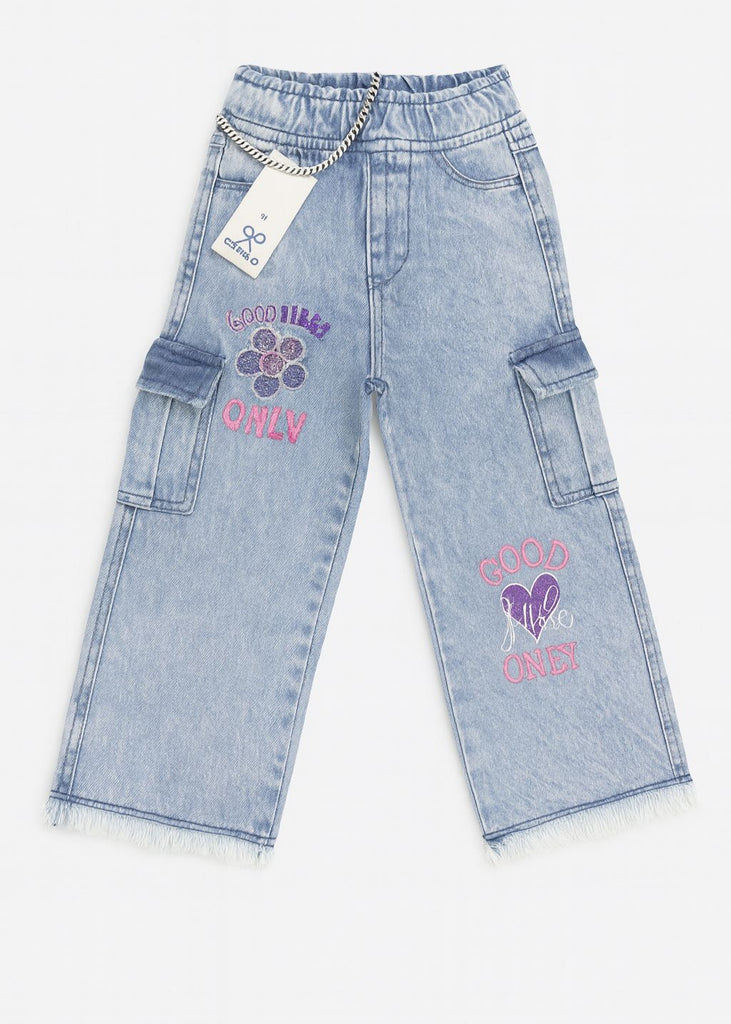 Girls Light Blue Cargo Denim with Good Vibes Embroidery