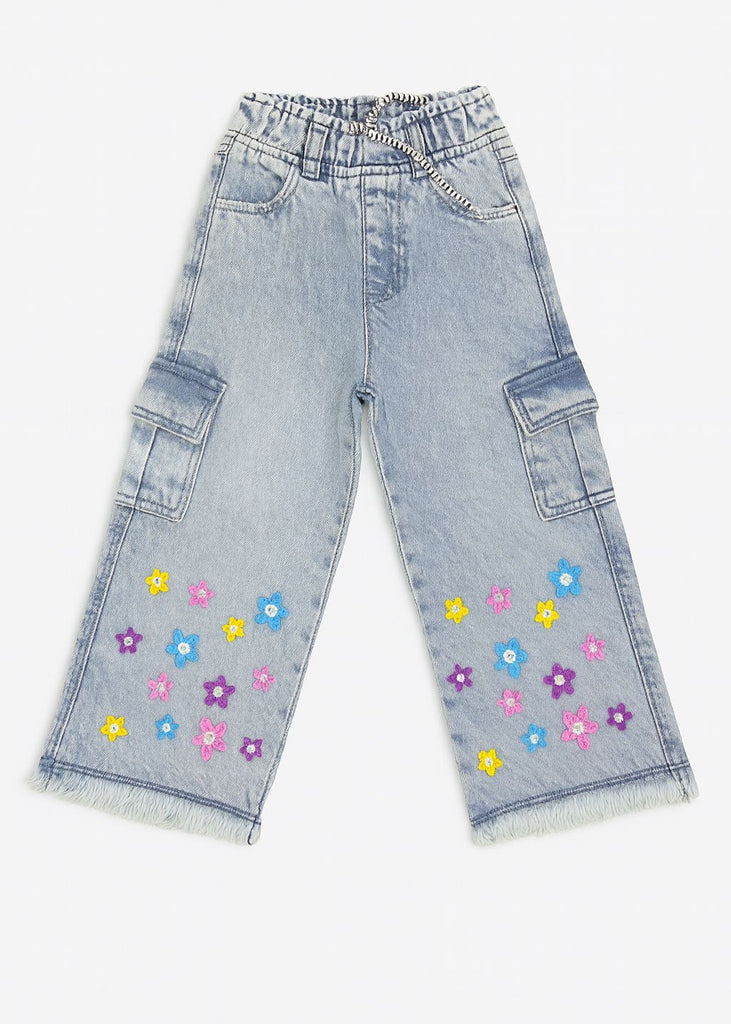 Girls Light Blue Cargo Denim with Multicolor Floral Embroidery
