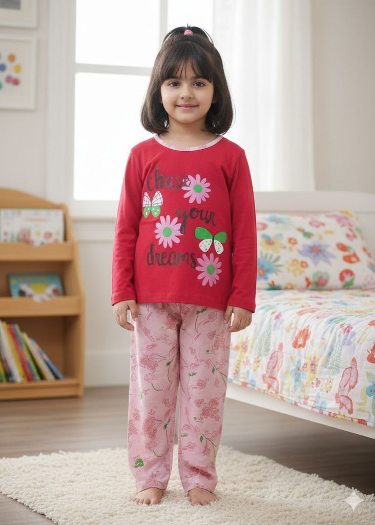 GIRL RED FLOWER   FULL SLEEVES PJ SET