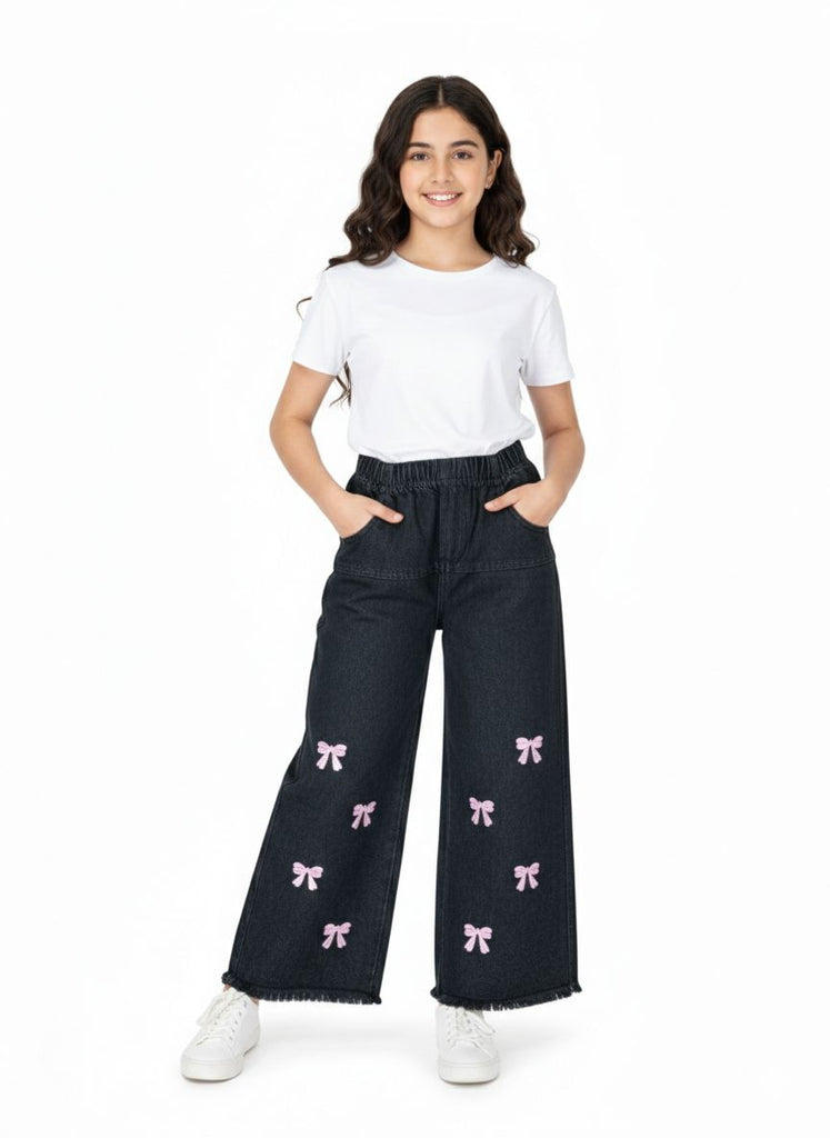 W-BLACK DENIM JEANS WITH BOW EMBROIDERY
