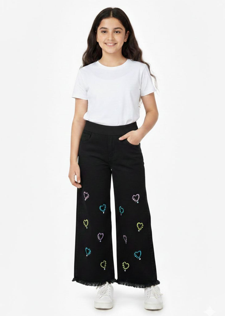 W-BLACK DENIM JEANS WITH LIGHT HEART EMBRODIERY