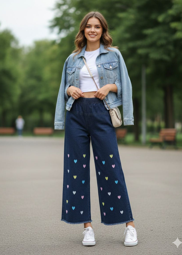 W-BLUE DENIM JEANS WITH HEART EMBRODIERY