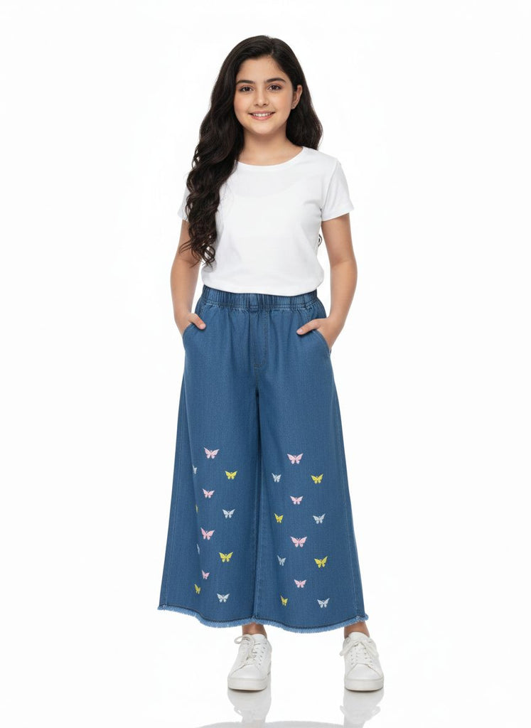 W-BLUE DENIM JEANS WITH LIGHT BUTTERFLY EMBRODIERY