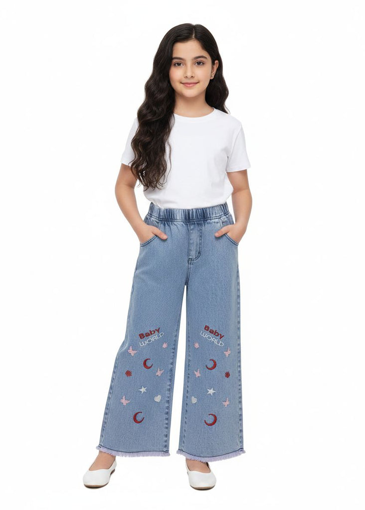 W-LIGHT BLUE DENIM JEANS WITH  BABY WORLD  EMBRODIERY