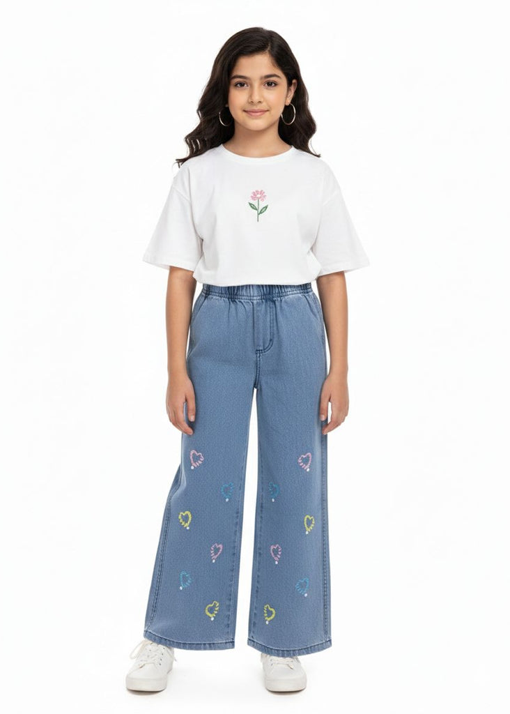 W-LIGHT BLUE DENIM JEANS WITH BIG HEART EMBRODIERY