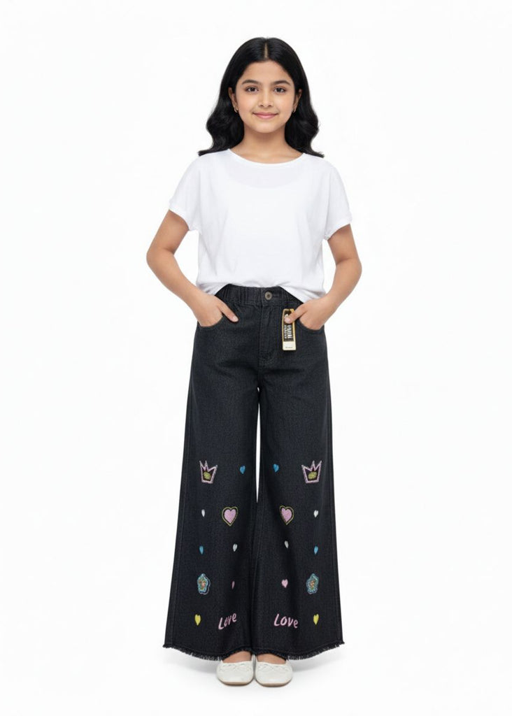 W-BLACK DENIM JEANS WITH  HEART LOVE EMBRODIERY
