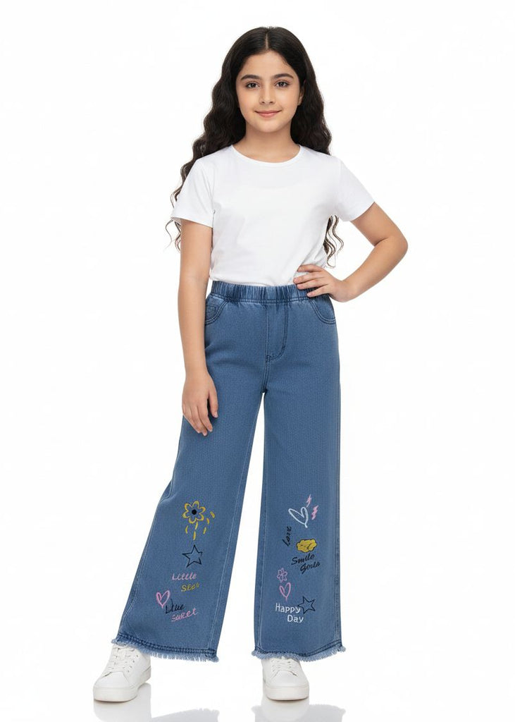 W-LIGHT BLUE DENIM JEANS WITH HAPPY DAY EMBRODIERY