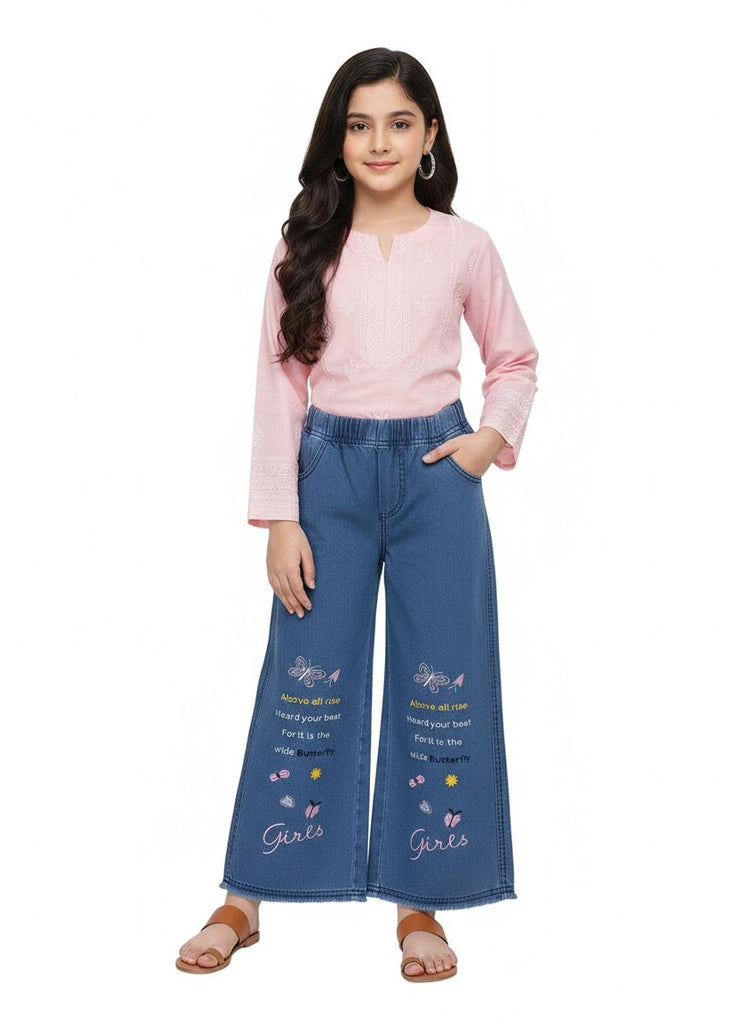 W-DARK BLUE  DENIM JEANS WITH BUTTERFLY GIRLS  EMBRODIERY (