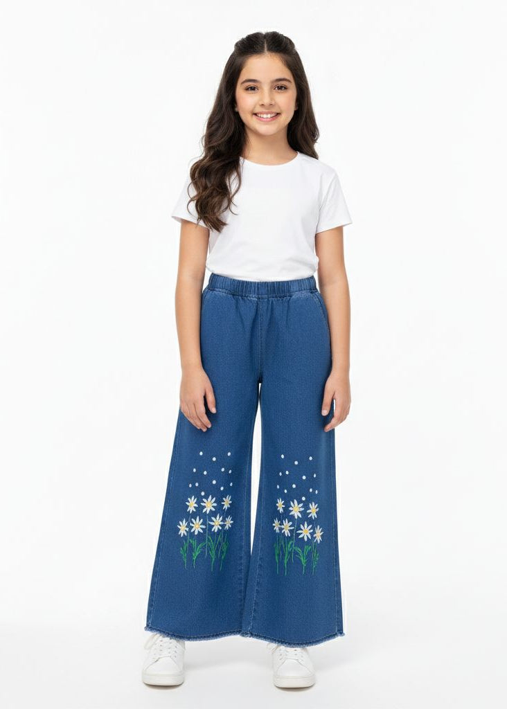L-LIGHT BLUE  DENIM JEANS WITH BOTTOM FLOWER   EMBRODIERY