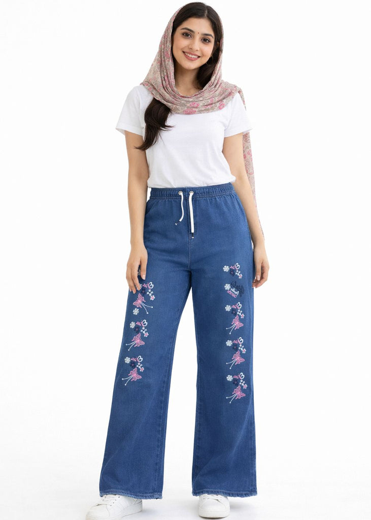 L-SKY BLUE  DENIM JEANS WITH SIDE FLOWER  BUTTERFLY  EMBRODIERY