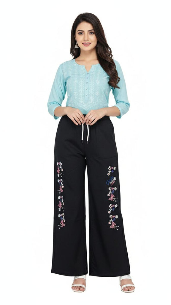 L-BLACK  DENIM JEANS WITH SIDE FLOWER  BUTTERFLY  EMBRODIERY