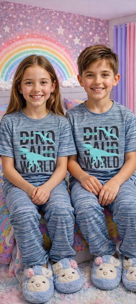Light Blue Graphical Dinosaur  Pajama Set
